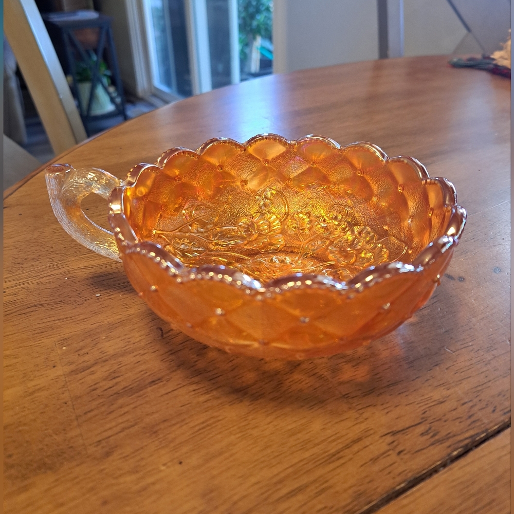 Vtg Imperial Amber Carnival Glass Pansy Round Handled Nappy Candy Dish